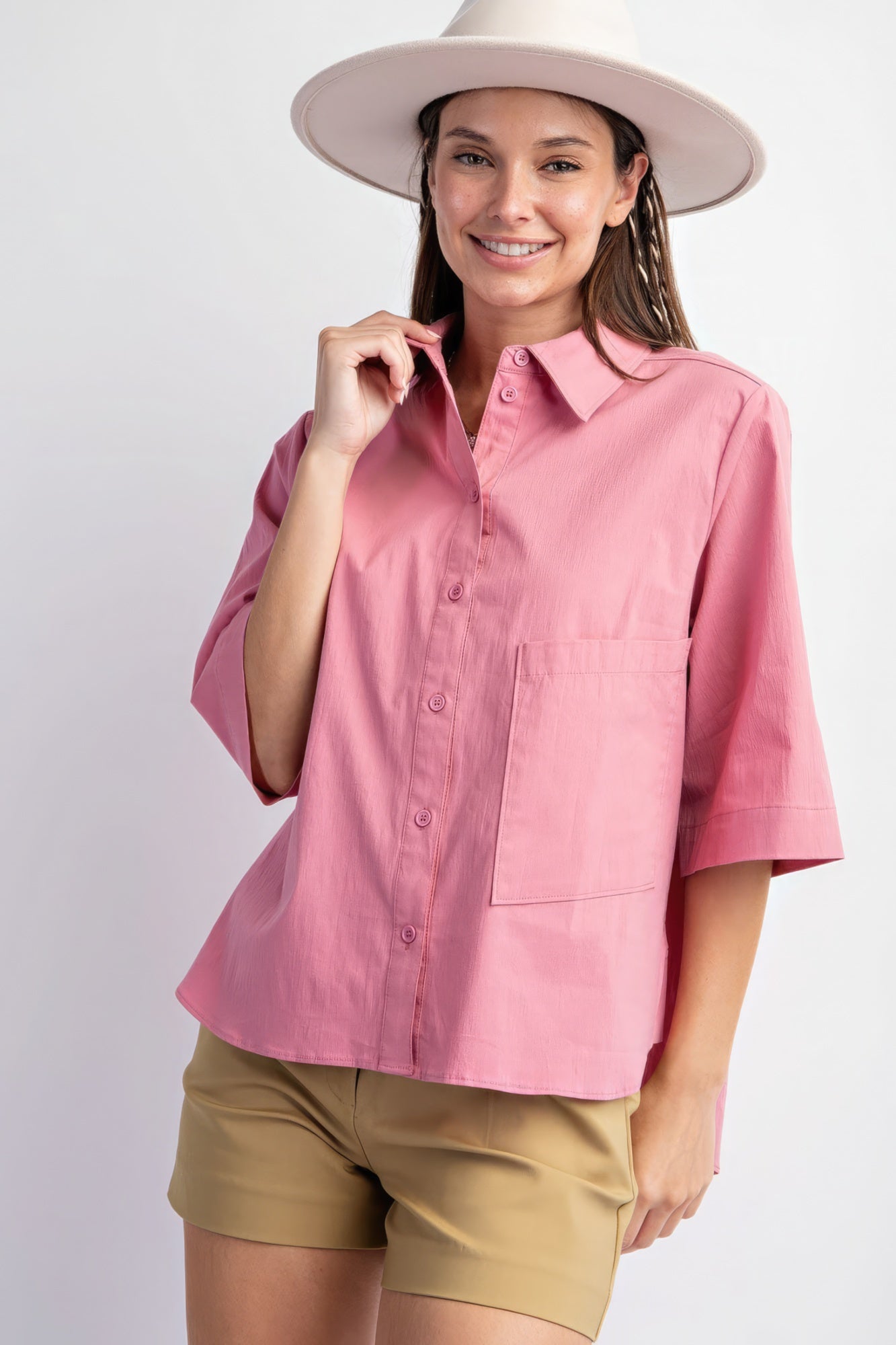 The Demi is our half sleeves stretch poplin button down shirt. It is a versatile choice that seamlessly combines style with comfort. Perfect for all-day wear, this shirt is ideal for casual outings or work. Fabric: Crafted from a blend of 97% Cotton and 3% Spandex. Colour: Pink.