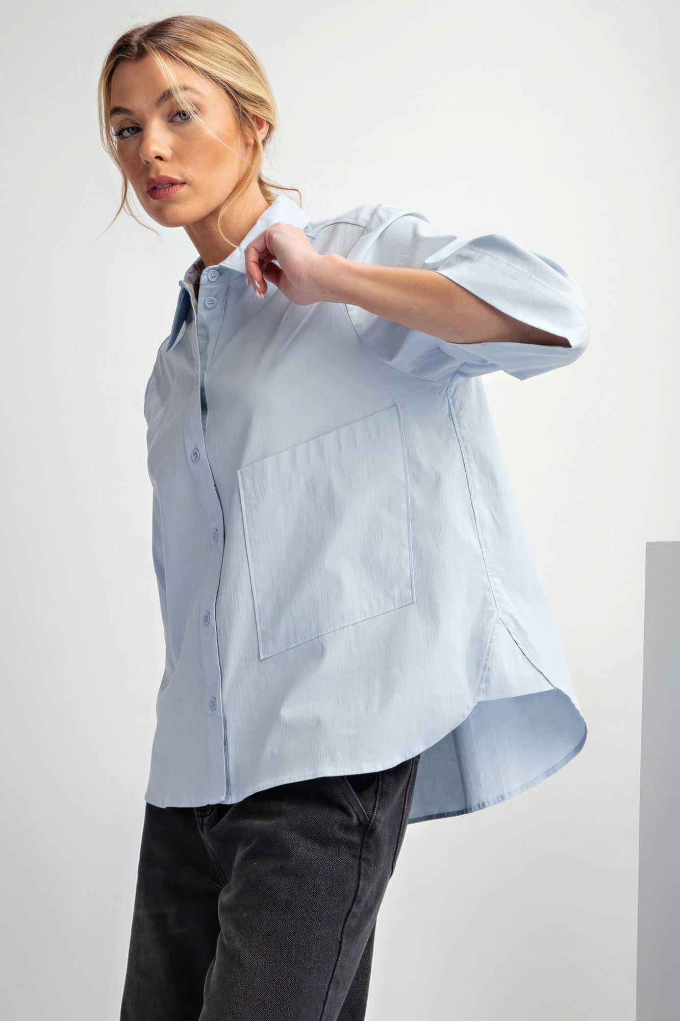 The Demi is our half sleeves stretch poplin button down shirt. It is a versatile choice that seamlessly combines style with comfort. Perfect for all-day wear, this shirt is ideal for casual outings or work. Fabric: Crafted from a blend of 97% Cotton and 3% Spandex. Colour: sky blue.