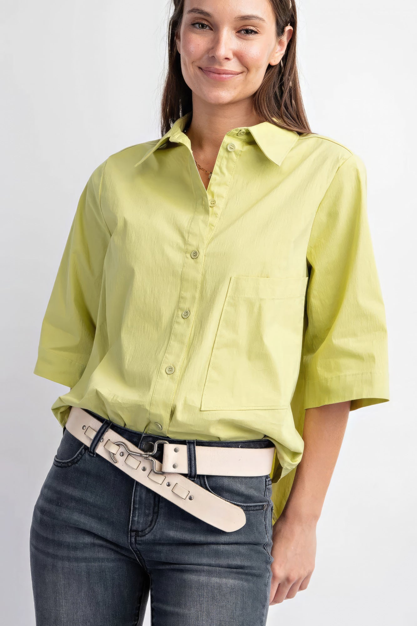 The Demi is our half sleeves stretch poplin button down shirt. It is a versatile choice that seamlessly combines style with comfort. Perfect for all-day wear, this shirt is ideal for casual outings or work. Fabric: Crafted from a blend of 97% Cotton and 3% Spandex. Colour: green tea.