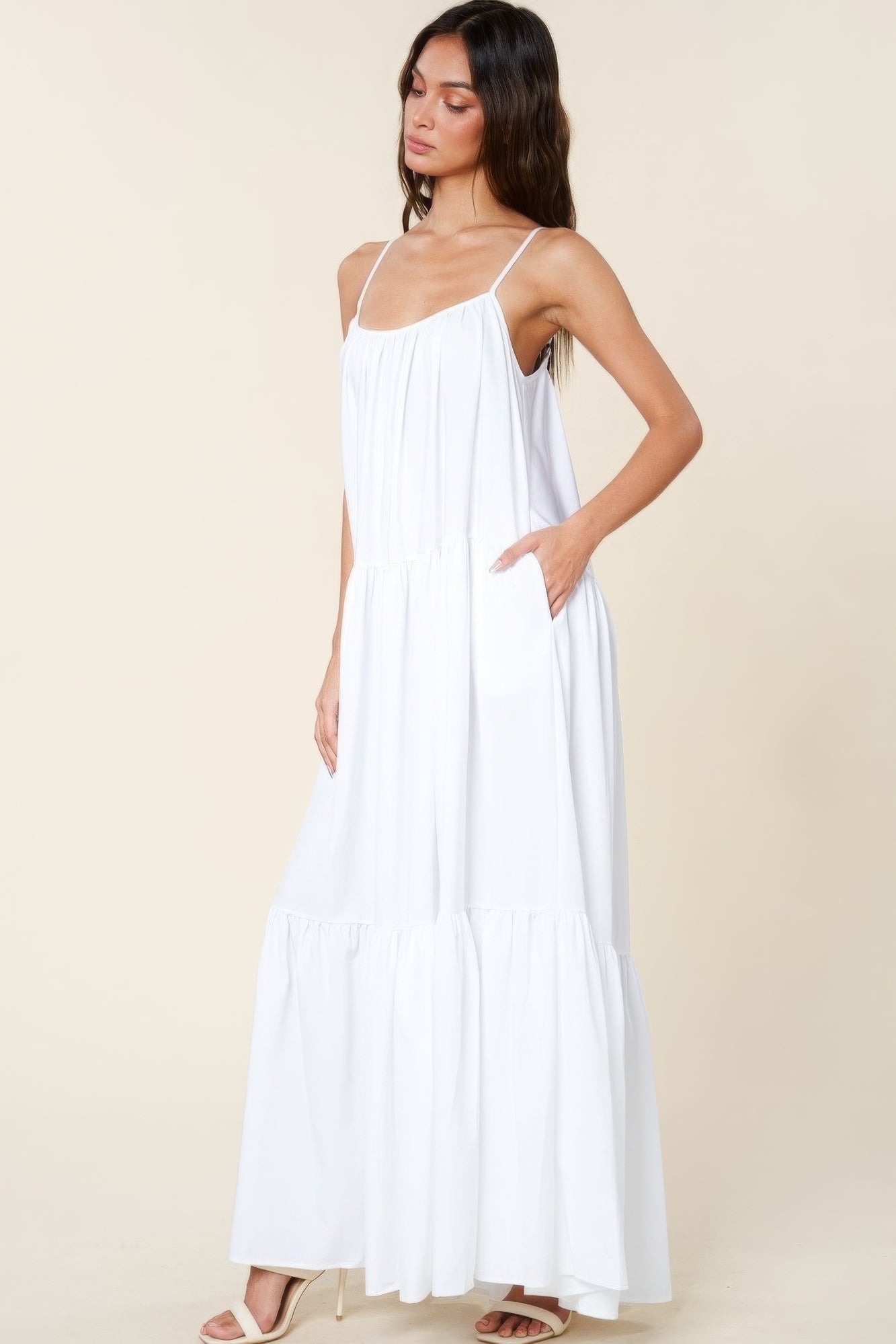 The Tessa is our maxi sun dress with pockets. It features adjustable straps and an extra-wide A-line silhouette. Perfect for beach outings, vacations, or casual gatherings. Fabric: Made from 100% polyester. Colour: white.