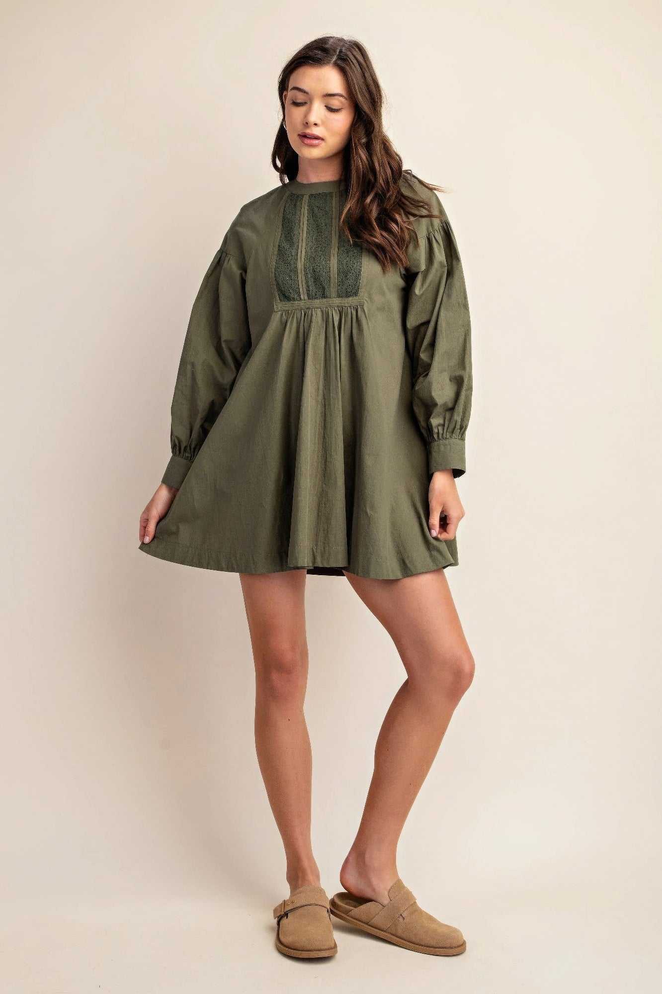 The Lacy is our long sleeve mini dress with a beautiful lace detail. Crafted from high-quality cotton, this elegant dress combines a classic design with contemporary comfort and a luxurious feel. Perfect for casual outings, evening events, or any occasion where you want to look stylish and feel comfortable. Fabric: Made from 100% cotton. Colour: khaki.