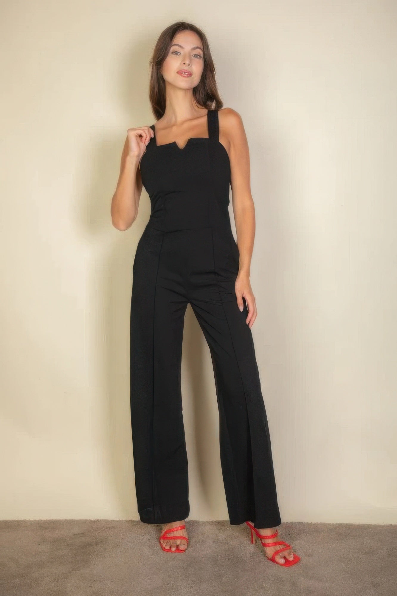 The Jane is our notched neck cami jumpsuit which combines comfort with a chic design. Its soft, stretchy fabric ensures a flattering fit and all-day comfort, making it ideal for casual outings, daily wear, or special occasions. Fabric: Made from 96% polyester and 4% spandex. Colour: black.