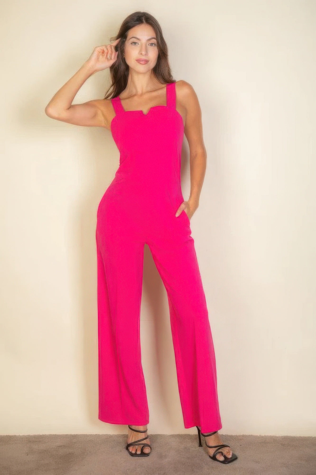 The Jane is our notched neck cami jumpsuit which combines comfort with a chic design. Its soft, stretchy fabric ensures a flattering fit and all-day comfort, making it ideal for casual outings, daily wear, or special occasions. Fabric: Made from 96% polyester and 4% spandex. Colour: Fuchsia.