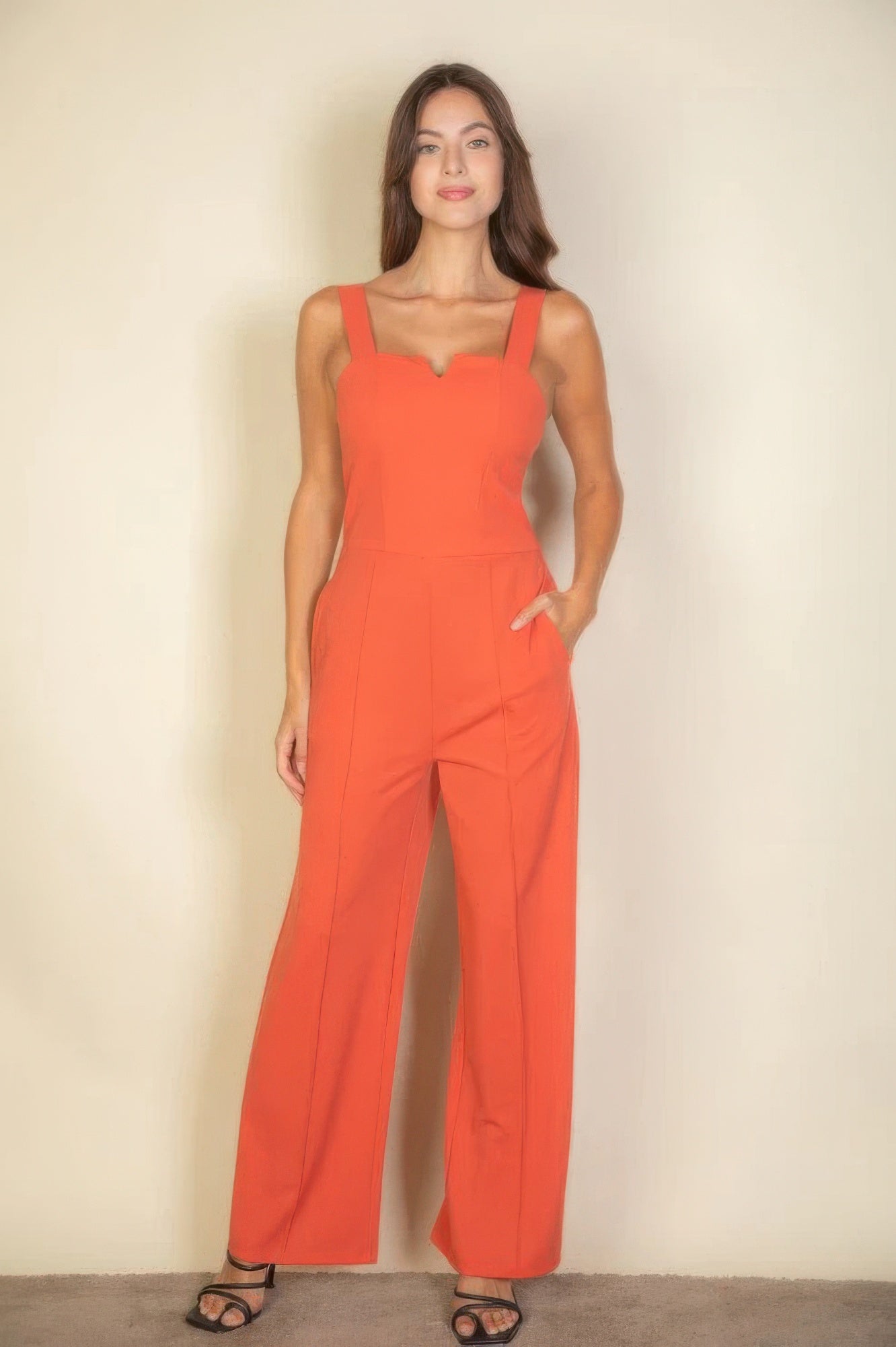 The Jane is our notched neck cami jumpsuit which combines comfort with a chic design. Its soft, stretchy fabric ensures a flattering fit and all-day comfort, making it ideal for casual outings, daily wear, or special occasions. Fabric: Made from 96% polyester and 4% spandex. Colour: Rust.