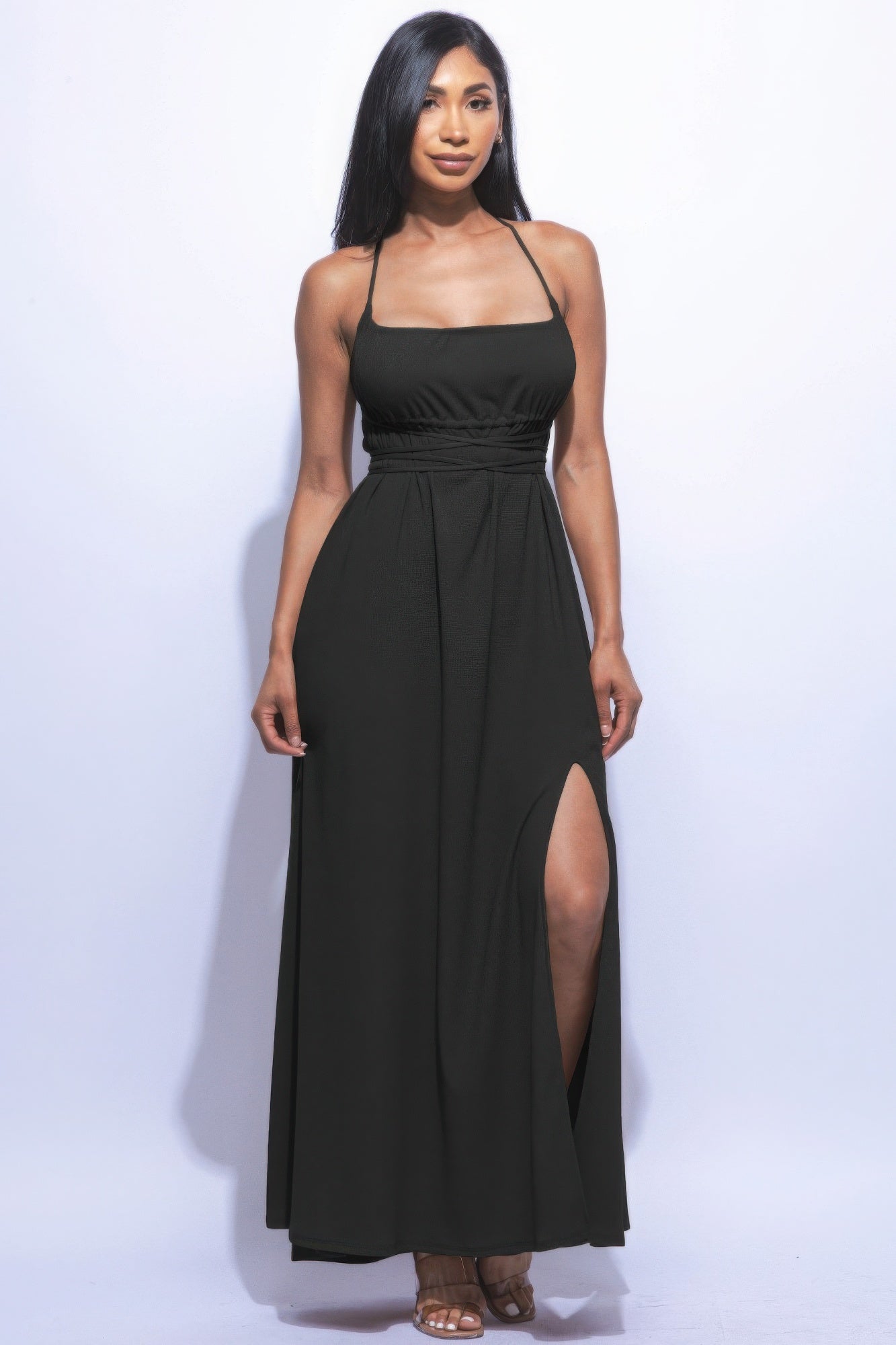 The Naomi is our gorgeous side slit maxi dress. It is designed to make you look and feel your best. It features a strappy sexy tie back and it is perfect for evening events. Fabric: Made from 92% polyester and 8% spandex. Colour: black.