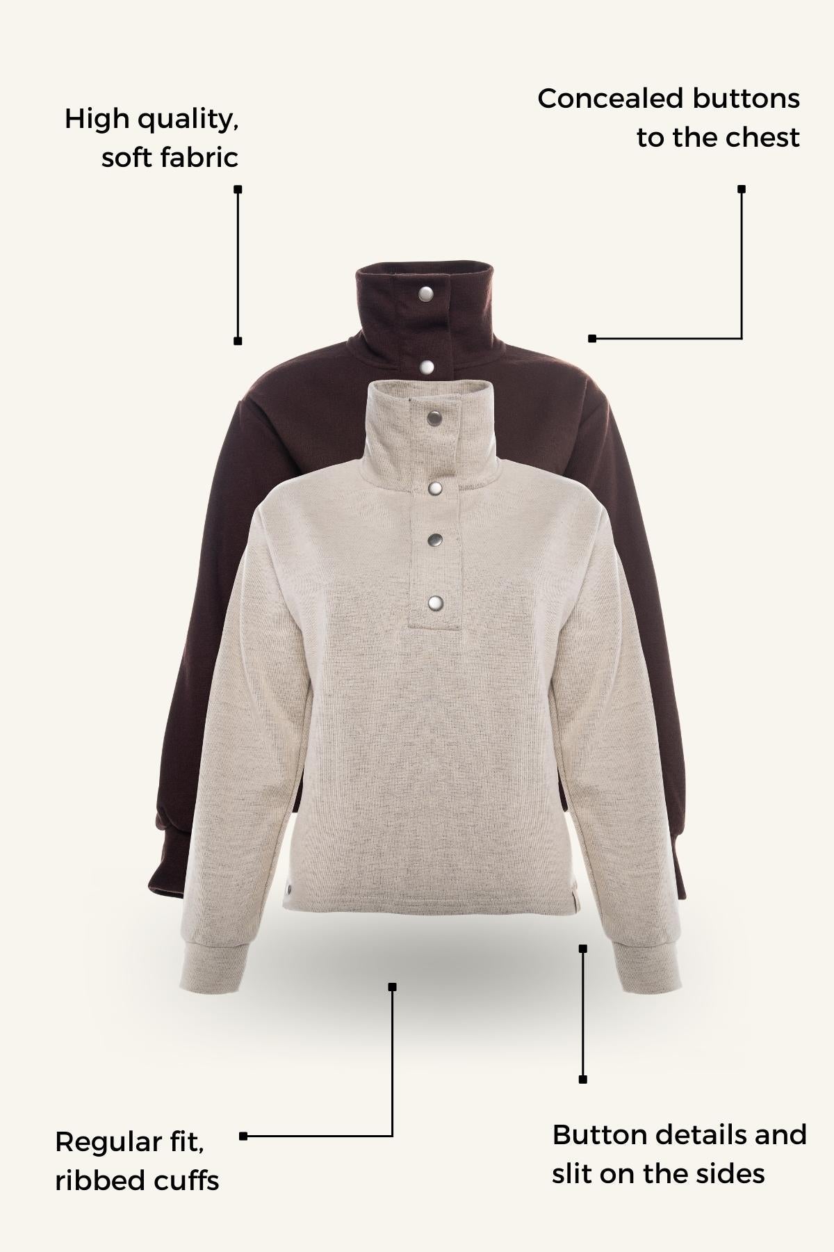 Highland Sweater - A versatile sweater made of 75% Polyester, 20% Viscose, and 5% Spandex with a buttoned high neck. This sweater offers a relaxed and comfortable fit with side slits, a regular fit, and long sleeves. It's an eco-conscious product manufactured from surplus fabrics with minimal environmental impact and a strict policy against child labor, ensuring regular employment standards are applied.