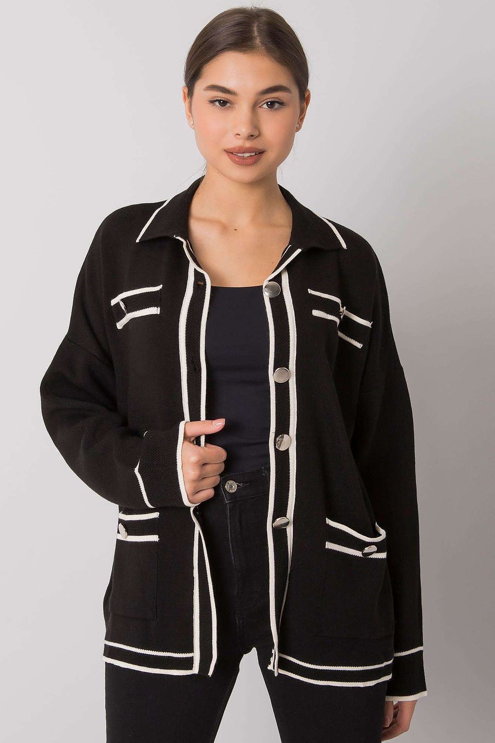 Black button-down cardigan with white lines and slip pockets.