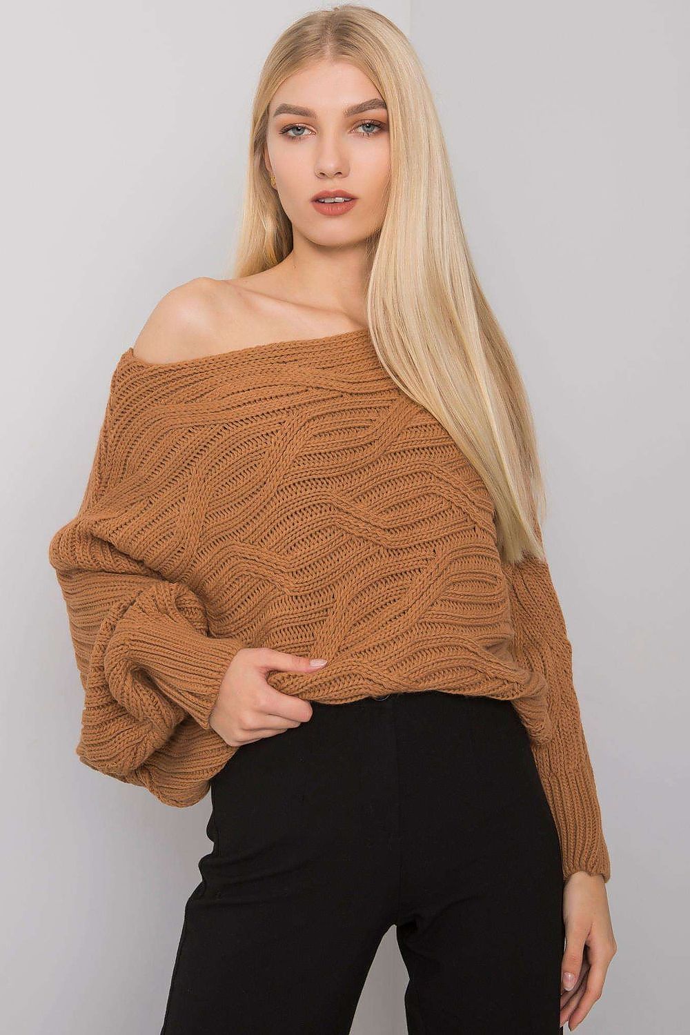 Camel loose-fitting knitted sweater with open shoulders.