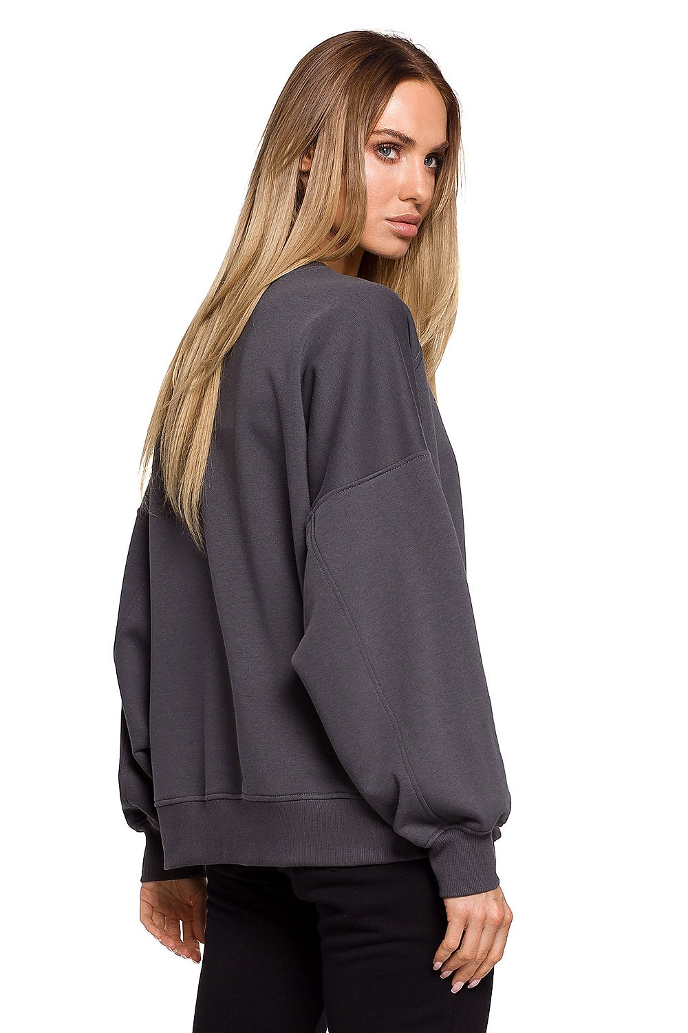 Multifunctional oversized graphite gray sweatshirt with a unique print, crafted from specially treated cotton fabric for enhanced smoothness and touch, plus resistance to mold.