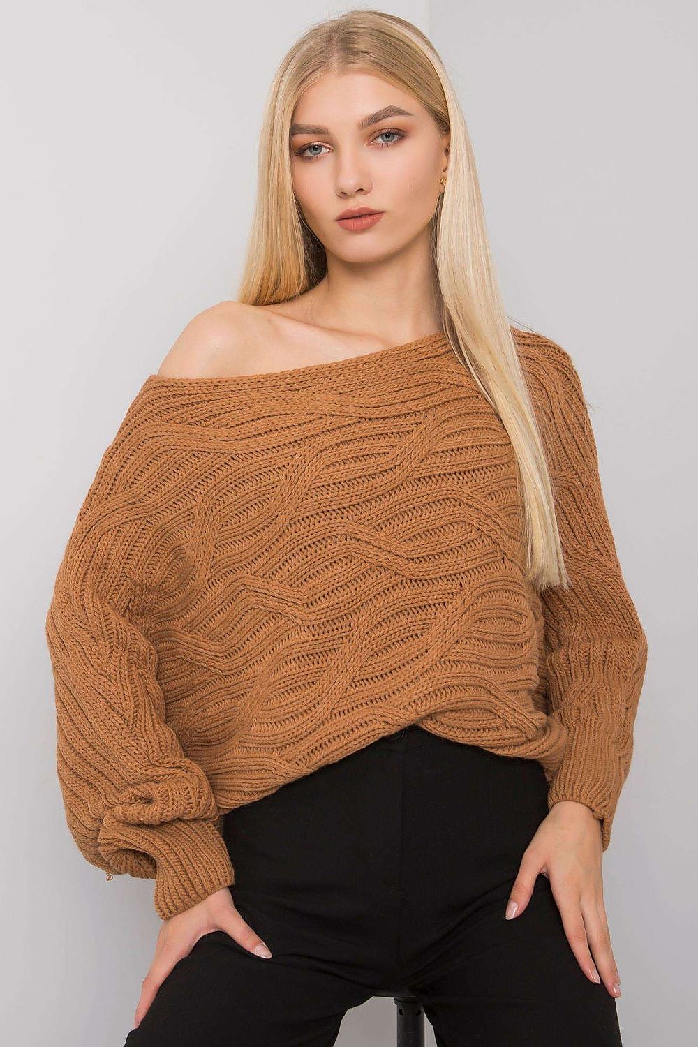 Camel loose-fitting knitted sweater with open shoulders.