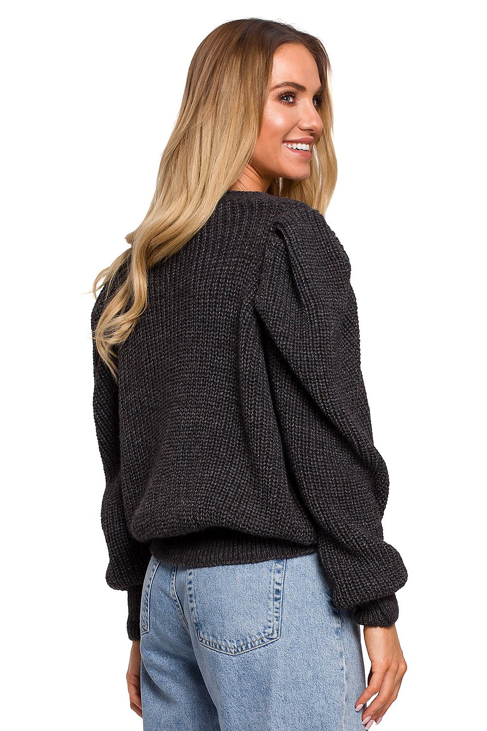 Short dark grey buttoned cardigan with interesting wide pockets. Perfect with trousers and skirts.