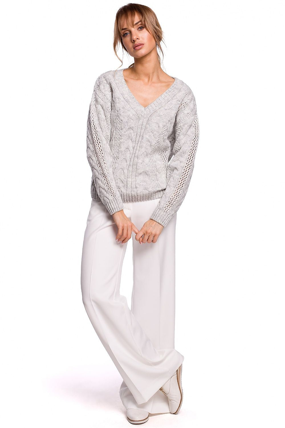 Featuring a delicate openwork plaid weave and a sweetheart neckline, this is a lightweight grey sweater for inclement weather and warmer days. Perfect for layering up.
