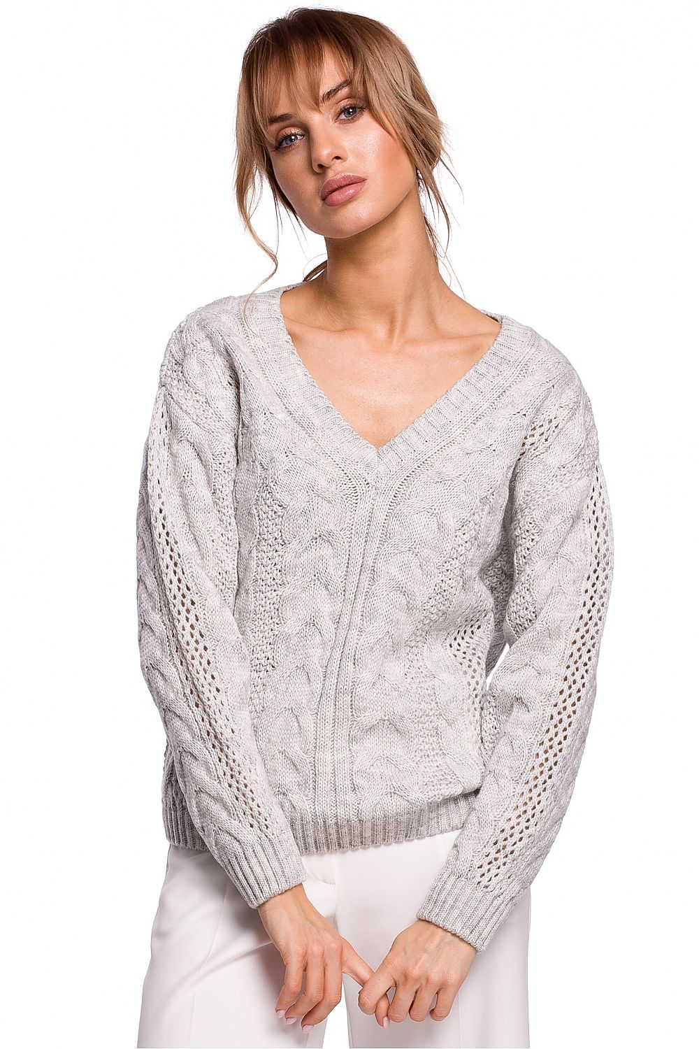 Featuring a delicate openwork plaid weave and a sweetheart neckline, this is a lightweight grey sweater for inclement weather and warmer days. Perfect for layering up.