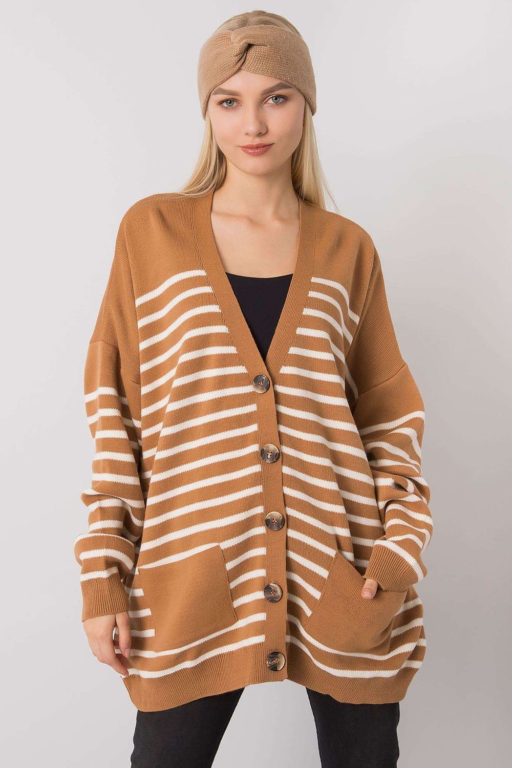Brown striped button-up sweater with slip pockets.
