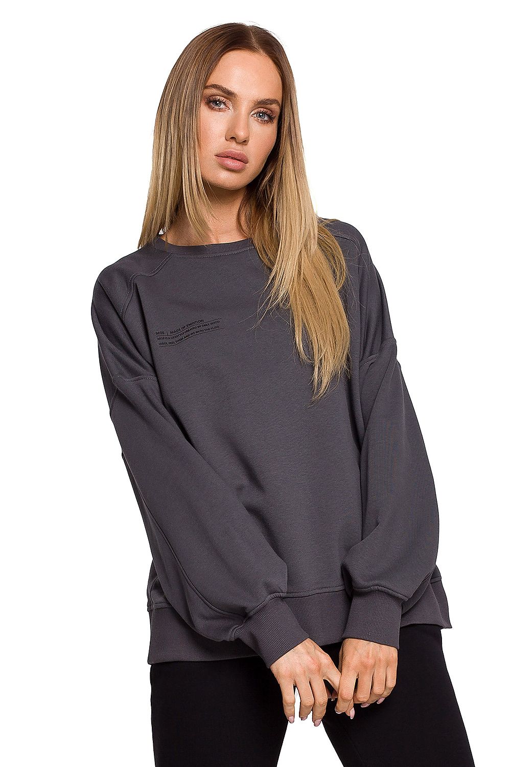 Multifunctional oversized graphite gray sweatshirt with a unique print, crafted from specially treated cotton fabric for enhanced smoothness and touch, plus resistance to mold.