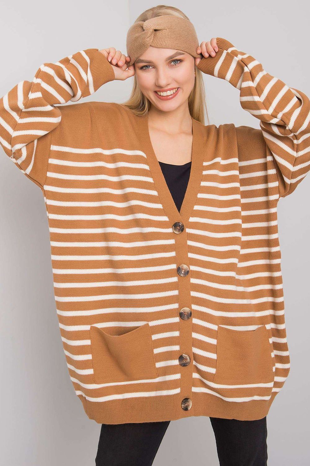 Brown striped button-up sweater with slip pockets.