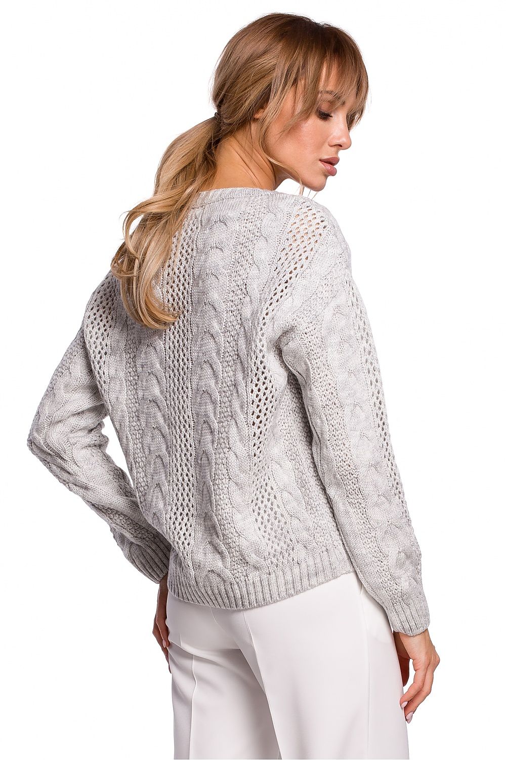 Featuring a delicate openwork plaid weave and a sweetheart neckline, this is a lightweight grey sweater for inclement weather and warmer days. Perfect for layering up.