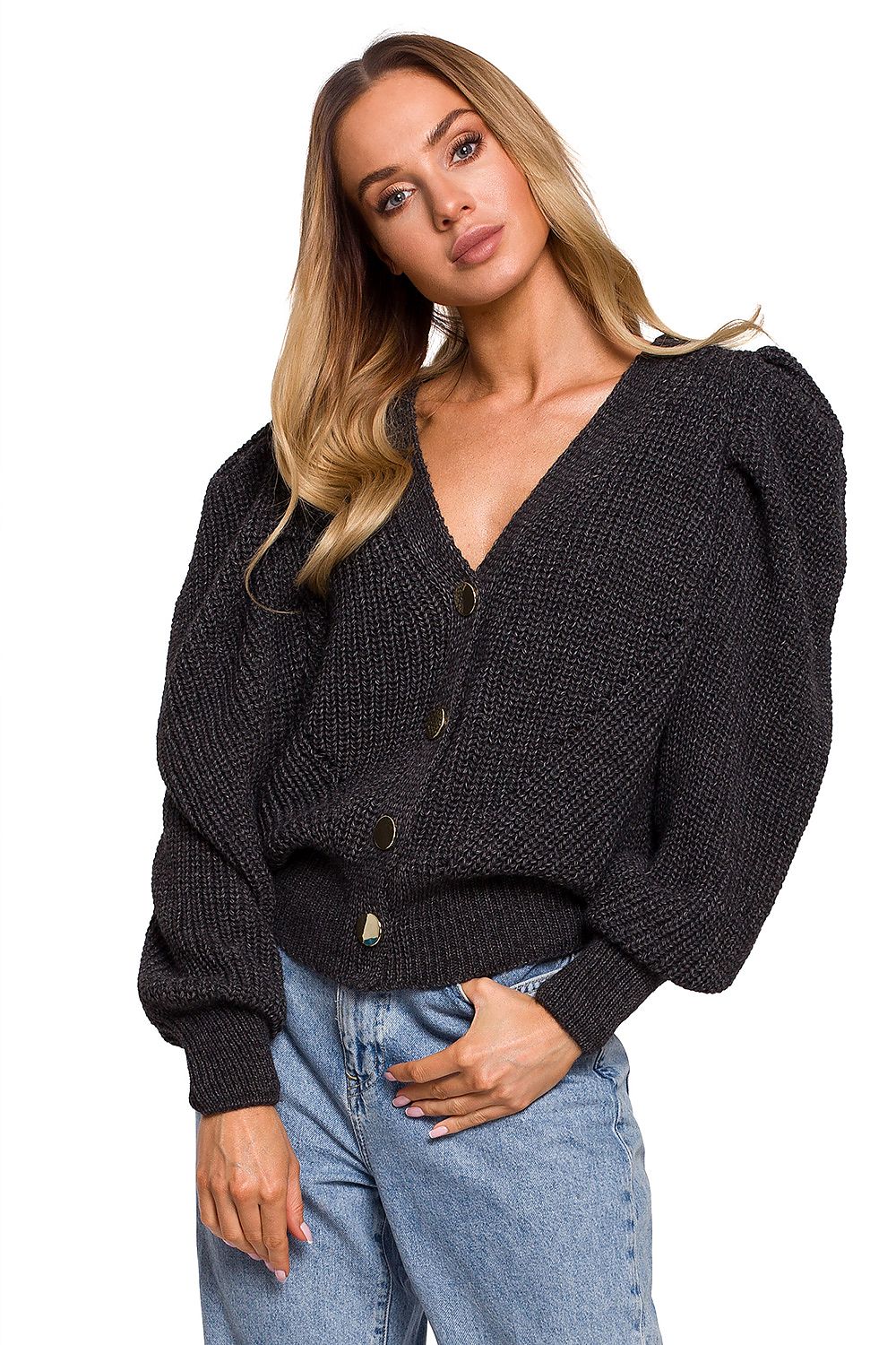 Short dark grey buttoned cardigan with interesting wide pockets. Perfect with trousers and skirts.