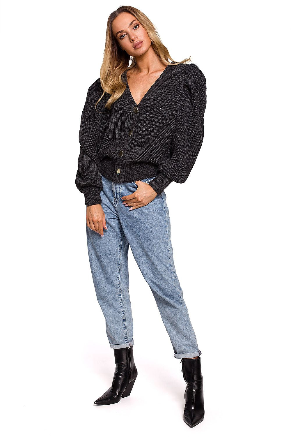 Short dark grey buttoned cardigan with interesting wide pockets. Perfect with trousers and skirts.