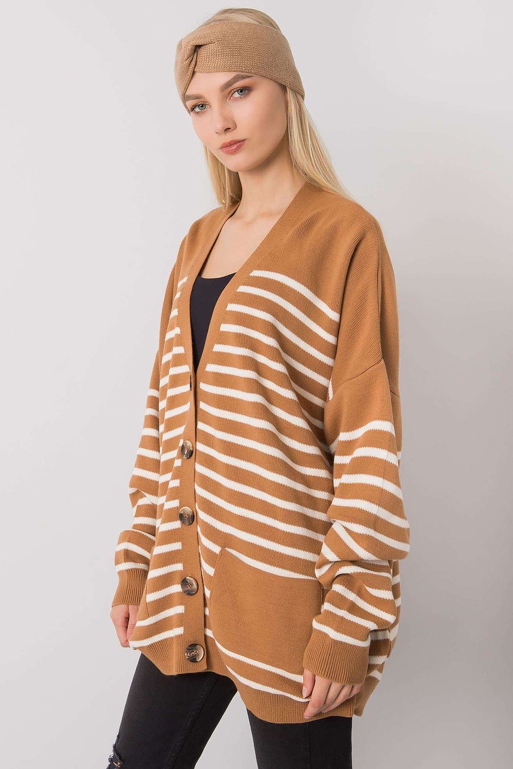 Brown striped button-up sweater with slip pockets.