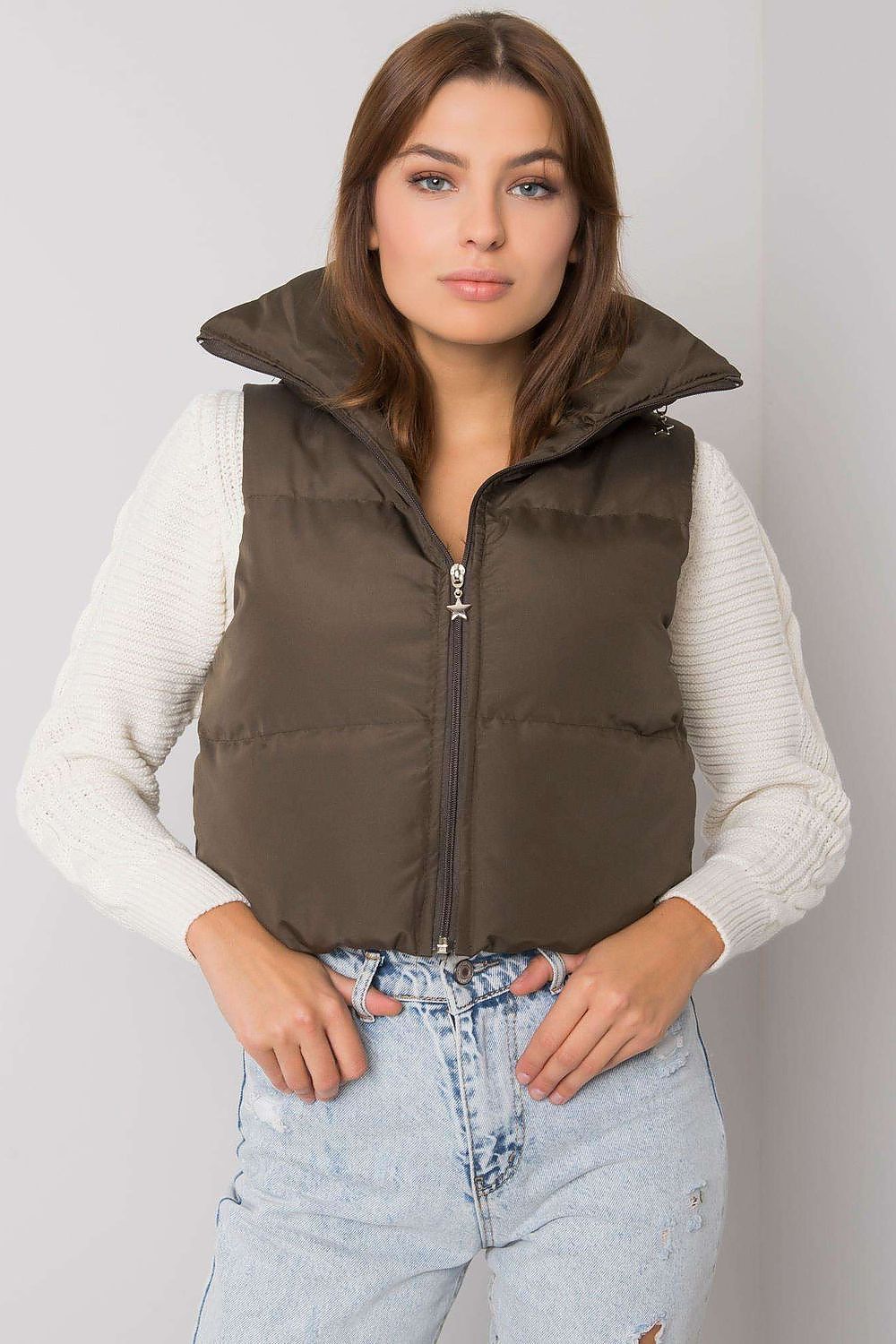 Zip fastened brown vest with a concealed hood.