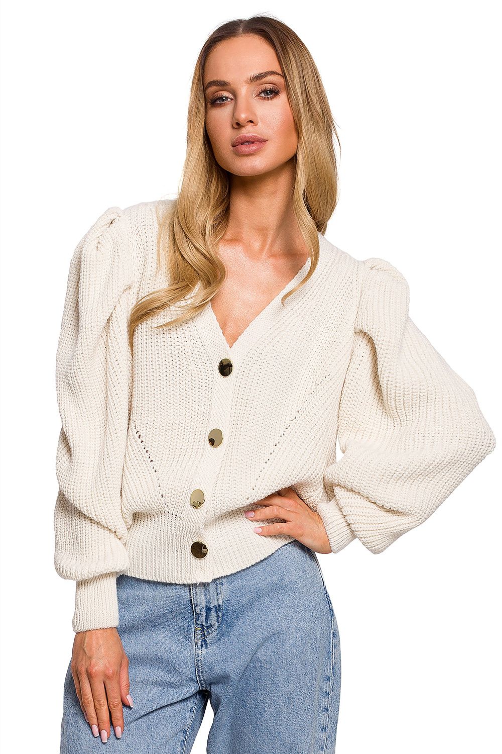 Short beige buttoned cardigan with interesting wide pockets. Perfect with trousers and skirts.