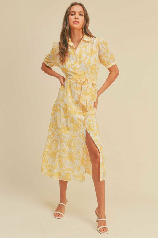 The Harper is our button closure, waist belt and puff sleeve dress. It's made of 95% polyester and 5% spandex, ensuring a comfortable and stretchy fit. The yellow colour palette creates a visually striking and cheerful look. It transitions seamlessly from casual outings to more formal occasions, making it an ideal choice for various events.