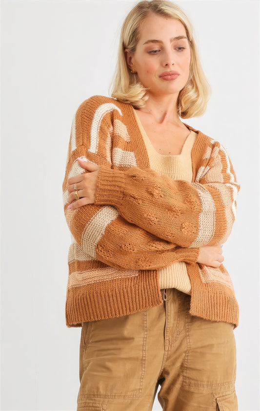 The Claire is camel our striped crochet knit cardigan. It features two pockets, a relaxed fit, dropped shoulders, and striped design for a casual stylish look. Perfect for casual outings and cozy evenings. Fabric: 90% Acrylic, 5% Polyester, and 5% Cotton.