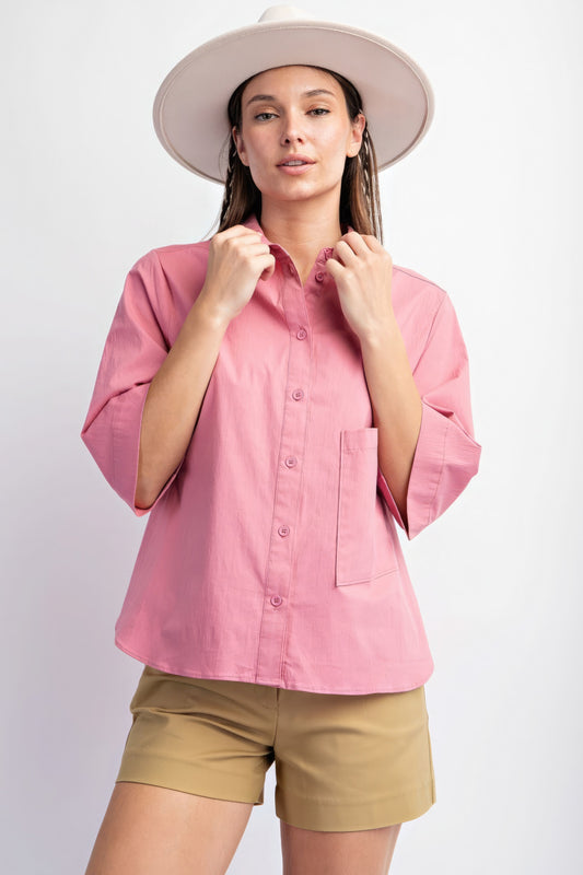 The Demi is our half sleeves stretch poplin button down shirt. It is a versatile choice that seamlessly combines style with comfort. Perfect for all-day wear, this shirt is ideal for casual outings or work. Fabric: Crafted from a blend of 97% Cotton and 3% Spandex. Colour: Pink.