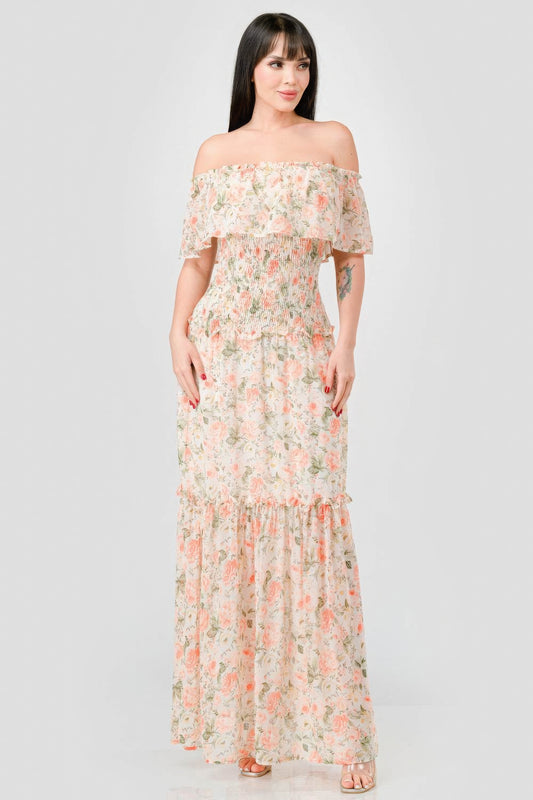 Elevate your wardrobe with The Sage, our floral chiffon maxi dress. It is a stunning piece that exudes elegance and grace. Crafted from 100% Polyester, this dress offers a lightweight and luxurious feel for all-day comfort. Made from high-quality chiffon fabric, The Sage ensures a delicate and flowy silhouette. It features an off-shoulder neckline with a smocked back and ruffled tiered detailing, offering a romantic and feminine look. Perfect for a range of occasions, from garden parties to beach weddings.