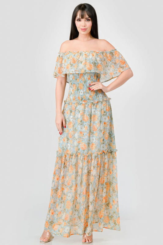 Elevate your wardrobe with The Sage, our floral chiffon maxi dress. It is a stunning piece that exudes elegance and grace. Crafted from 100% Polyester, this dress offers a lightweight and luxurious feel for all-day comfort. Made from high-quality chiffon fabric, The Sage ensures a delicate and flowy silhouette. It features an off-shoulder neckline with a smocked back and ruffled tiered detailing, offering a romantic and feminine look. Perfect for a range of occasions.