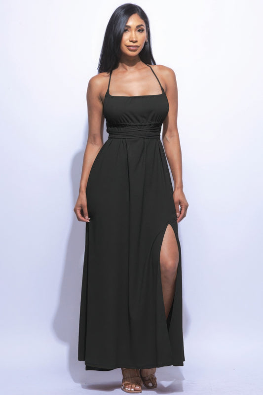 The Naomi is our gorgeous side slit maxi dress. It is designed to make you look and feel your best. It features a strappy sexy tie back and it is perfect for evening events. Fabric: Made from 92% polyester and 8% spandex. Colour: black.
