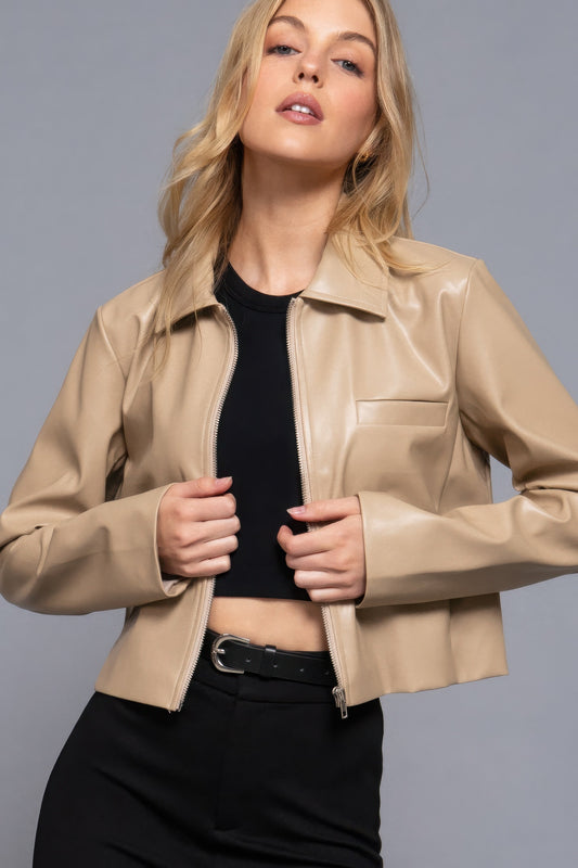 The Paris is a faux leather jacket that combines modern style with classic elements. It's a chic, sophisticated and versatile piece. Perfect for casual outings, office wear or a night out. Made of 100% Polyurethane; faux leather. Colour: Beige.