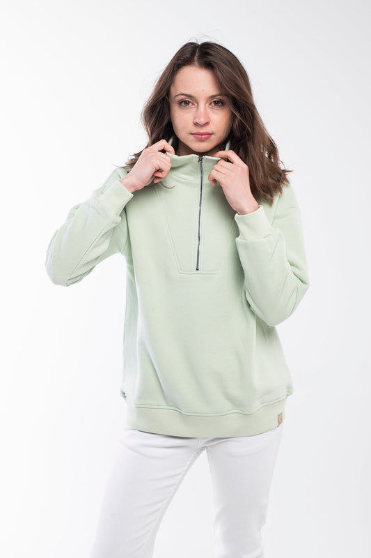 The perfect day-to-day zipped neck sweatshirt. A reinvented crewneck with a bigger chest, and a 1/4-zipped, mid-length collar. It is made of 85% Cotton and 15% Polyester.  This product is manufactured from surplus fabrics with minimum environmental impact where child labour is strictly prohibited and regular employment policies are applied.