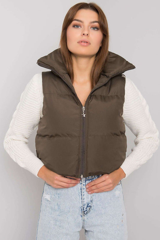 Zip fastened brown vest with a concealed hood.