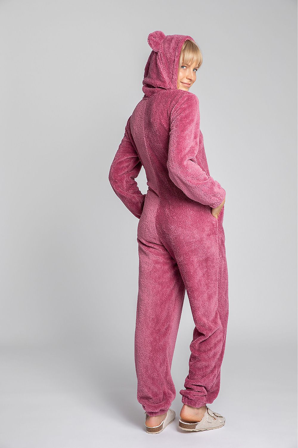 Plush pink overalls for special tasks! Cozy, wonderfully soft and with cute ears on the hood will certainly do for the chill and when it's gray outside!