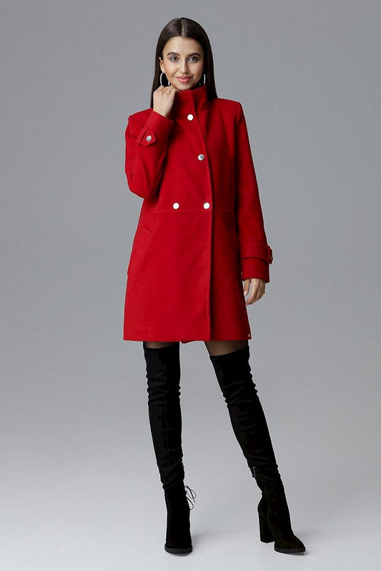 The Ruby is a classic, double-breasted coat stitched at the waist, with a stand-up collar, pockets and chic decorative snap fasteners. Slightly slim fit which optically slenderizes every figure. Goes well with sneakers or boots. Colour: Red.