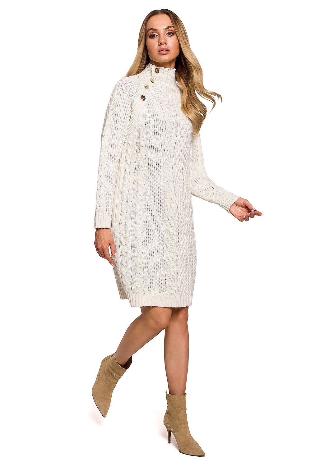 Gorgeous beige sweater dress. Simple in cut, knee length and with a turtleneck decorated with an array of gold buttons.